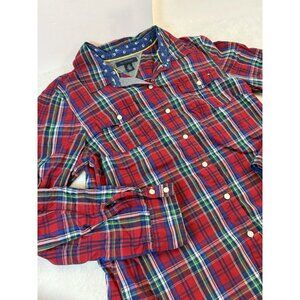 Tommy Hilfiger Womens Sz L Button Front Shirt Red Multi plaid Pockets Fitted